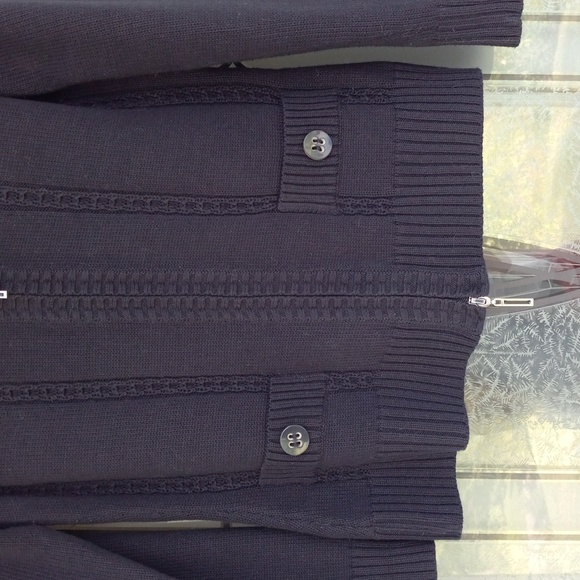 Olsen Europe NavyBlue Zippered Cardigan/Sweater Pockets Rib+Cable Knit Size S/M - Picture 3 of 7